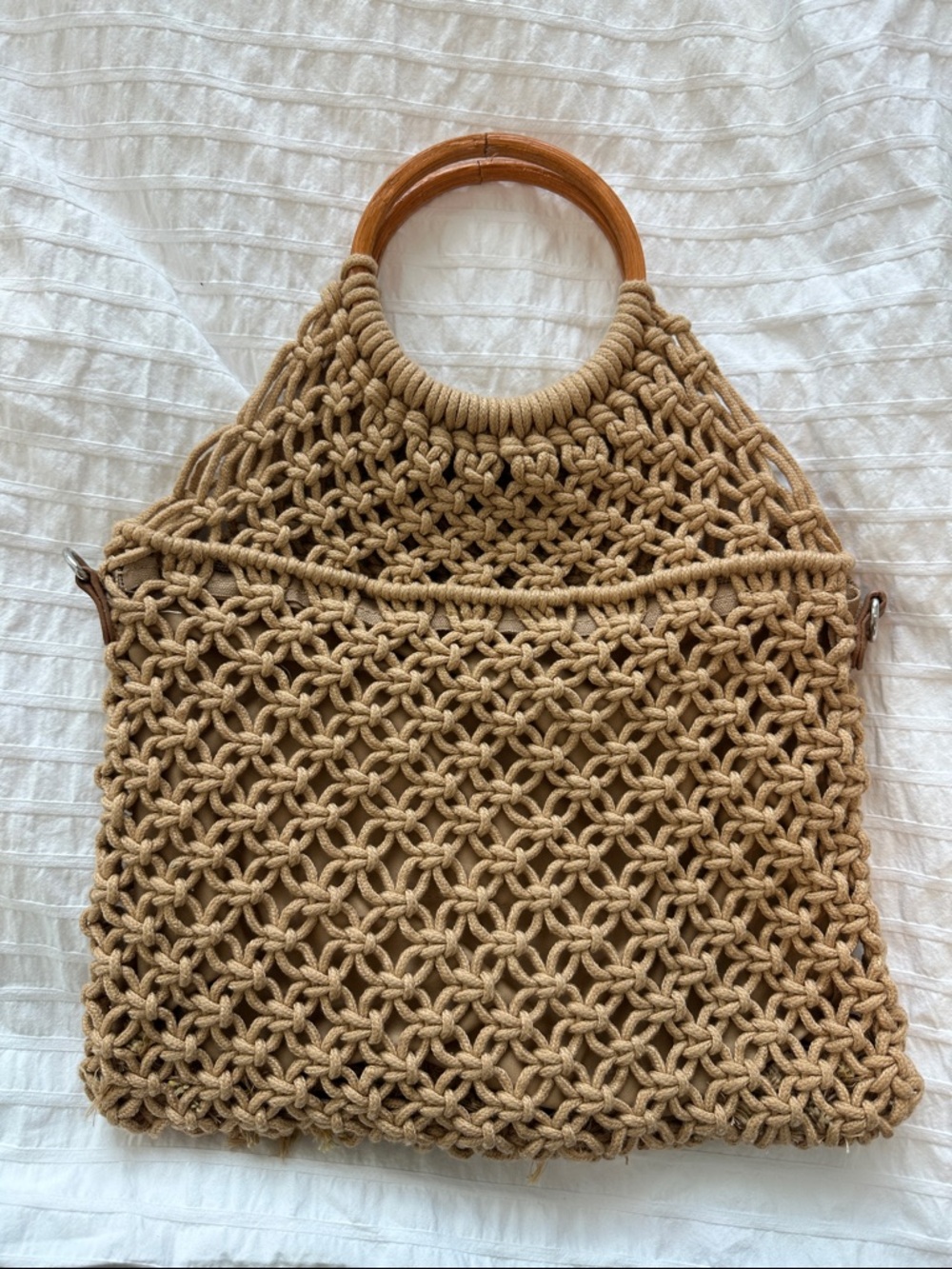 Handwoven Macramé Tote Bag with Wooden Handles - Beige